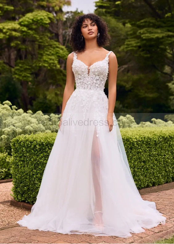 White Lace Tulle V Back Floral Garden Wedding Dress